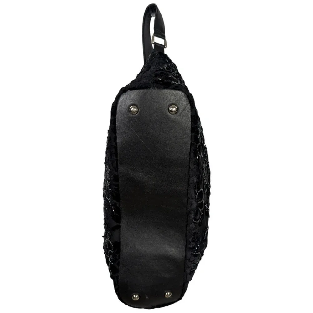 Christiana Black Beaded Velvet Floral Shoulder Bag Tassel Tote Purse